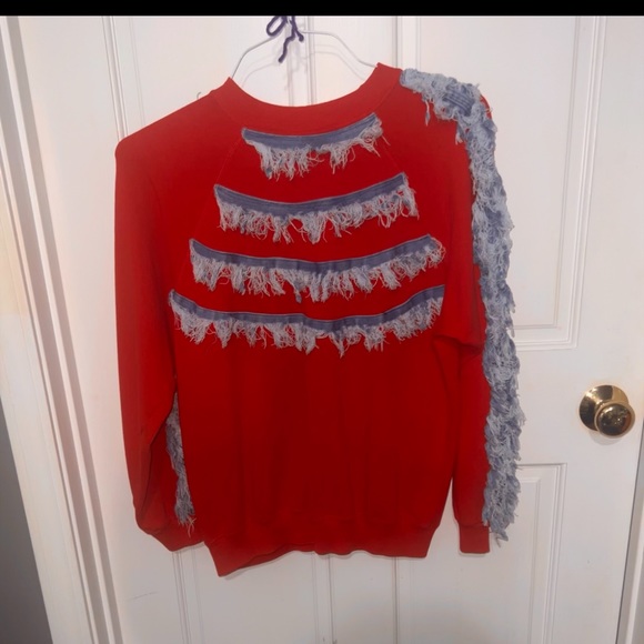 Handmade detailed Denim fringed sweatshirt Boho Western - Picture 3 of 7